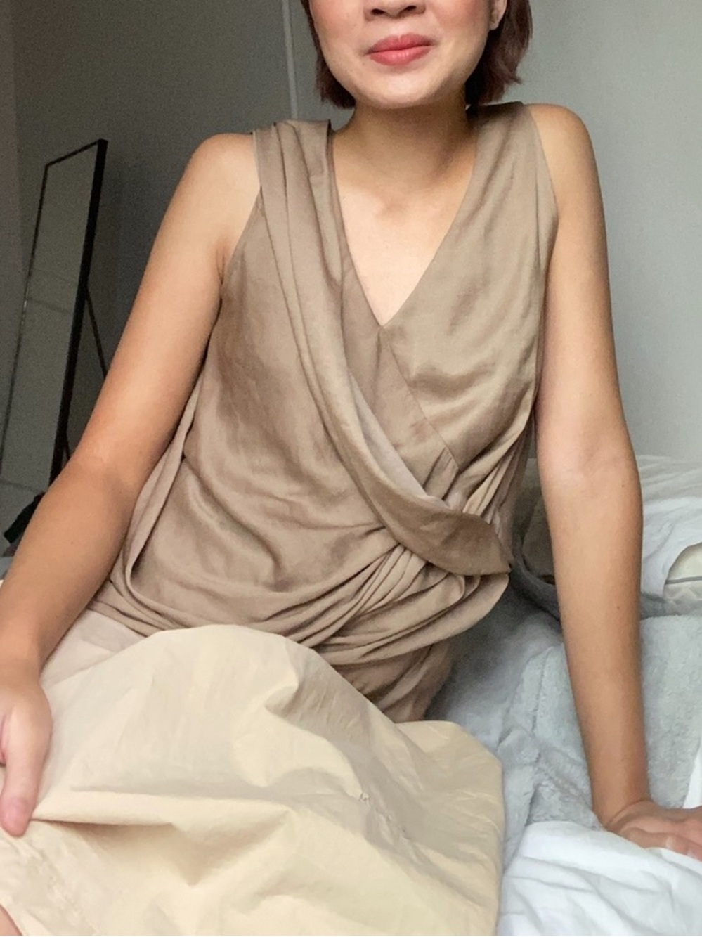 Helmut Lang tan brown draped sleeveless top